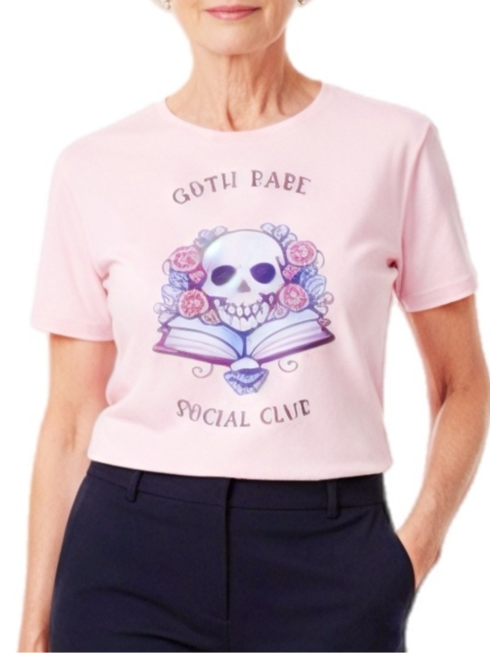 Light Pink Short Sleeve Graphic GOTH BABE SOCIAL CLUB Skull Roses & Books